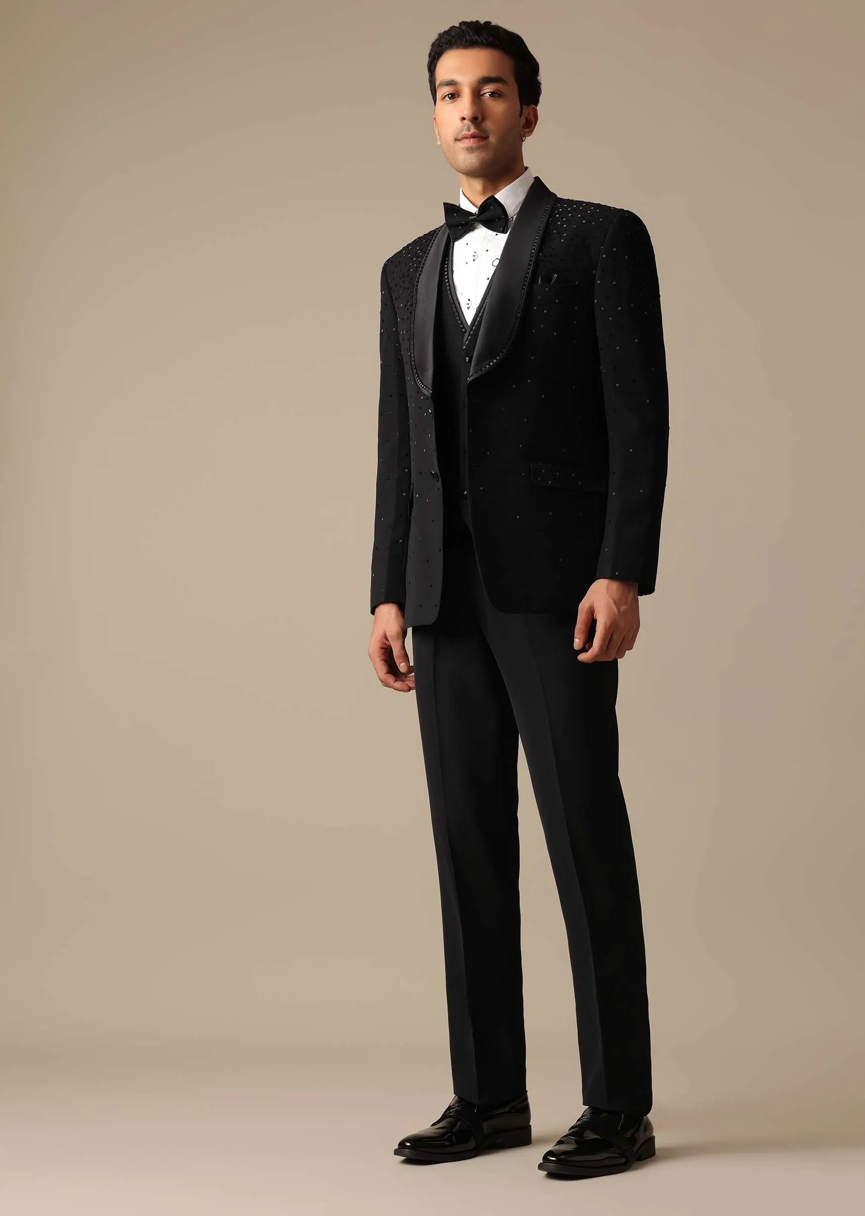 Black Blazer And Pant Set With Embroidered Detail Tuxedo Set