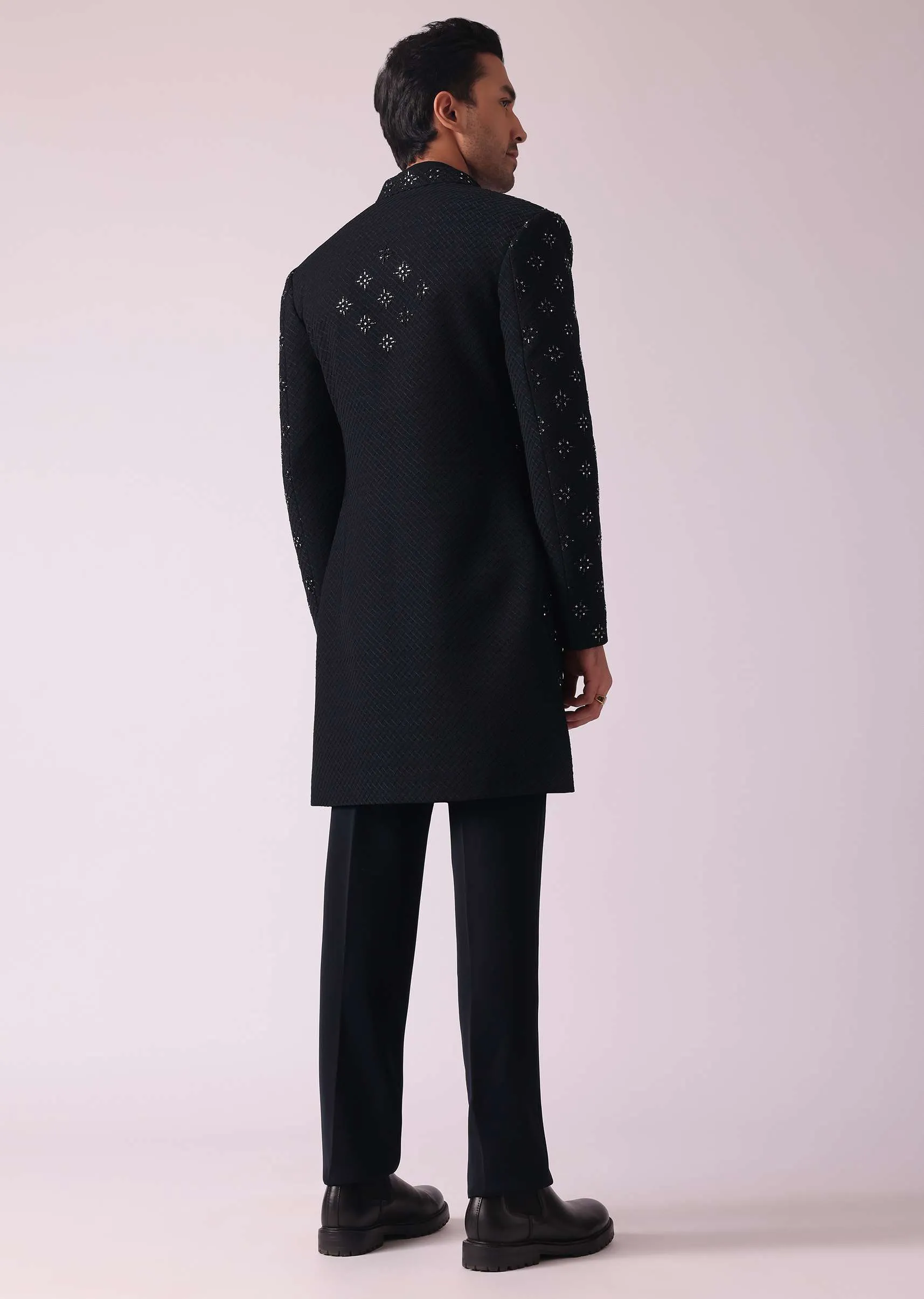 Black Cut Embroidered Indowestern In Suiting Fabric