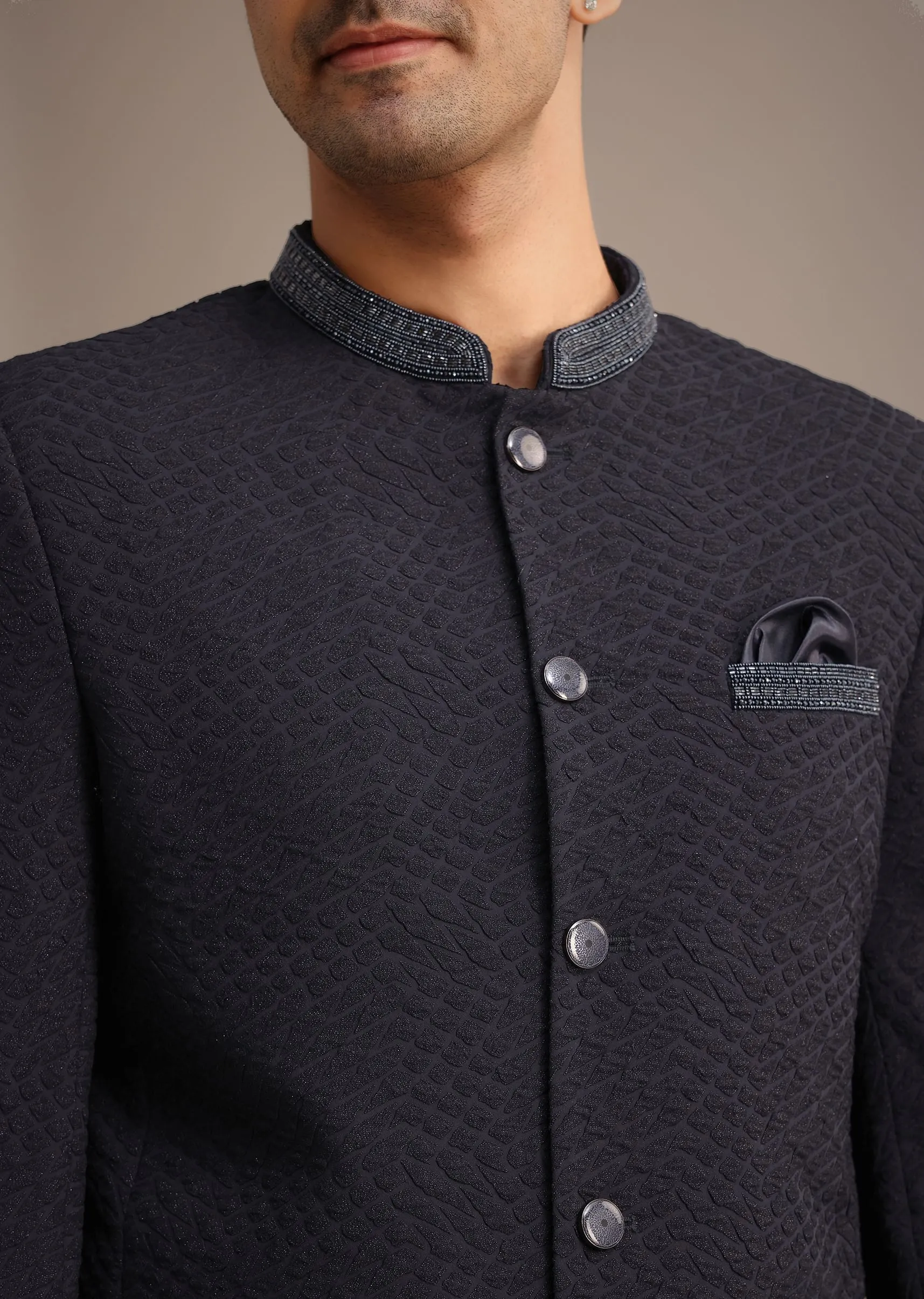 Blue Cutdana Work Jodhpuri And Pant Set With Pocket Square