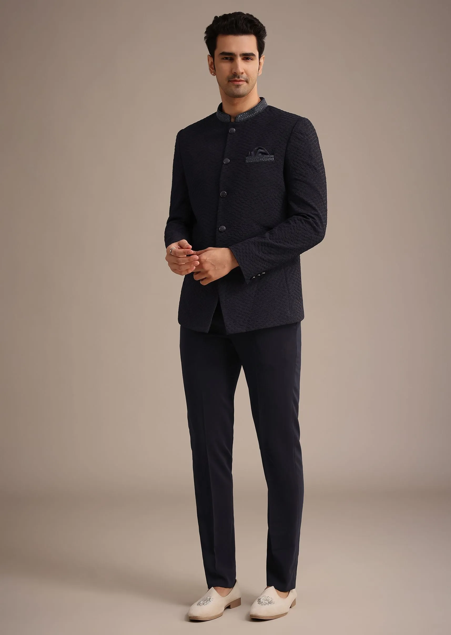 Blue Cutdana Work Jodhpuri And Pant Set With Pocket Square