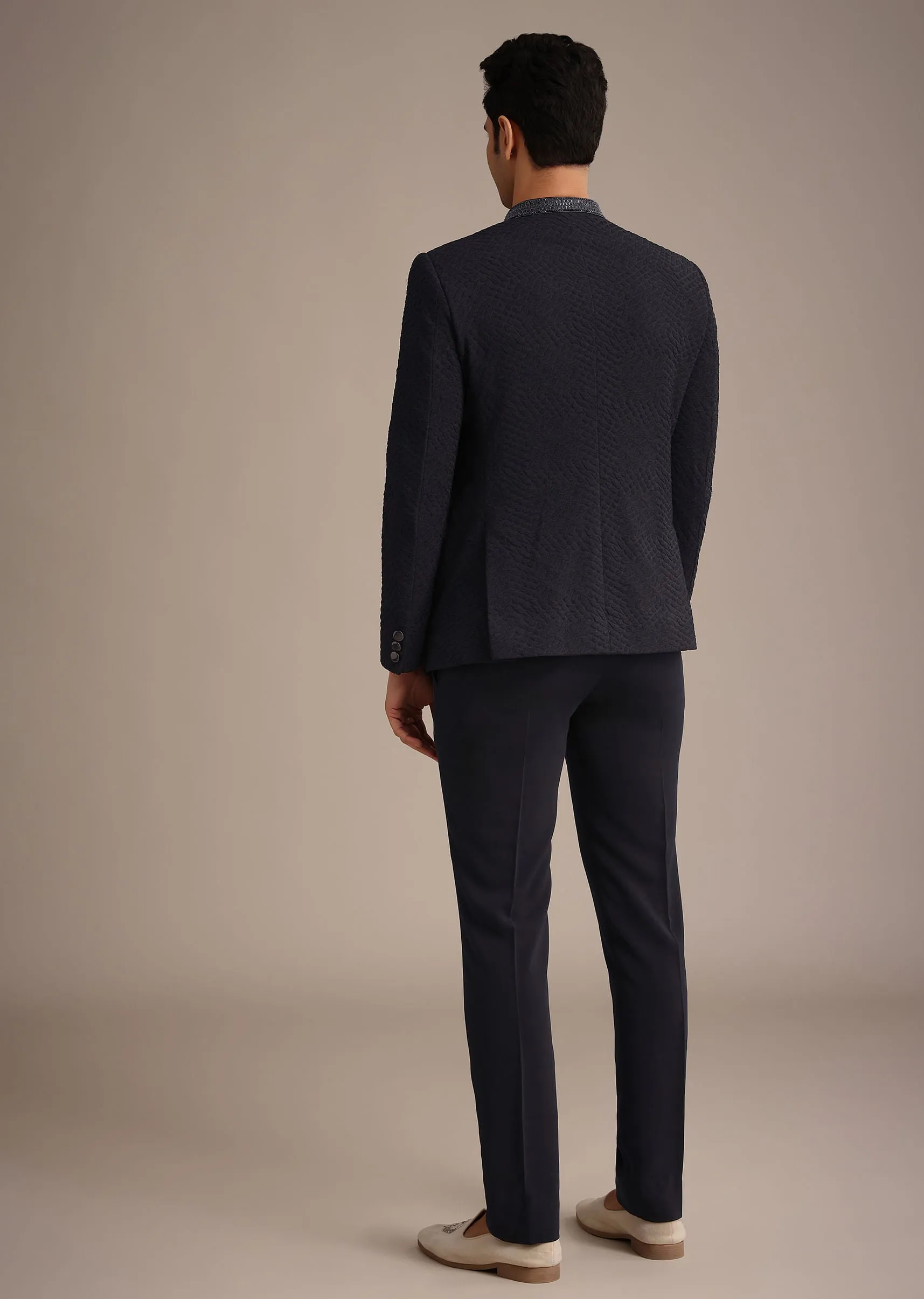 Blue Cutdana Work Jodhpuri And Pant Set With Pocket Square