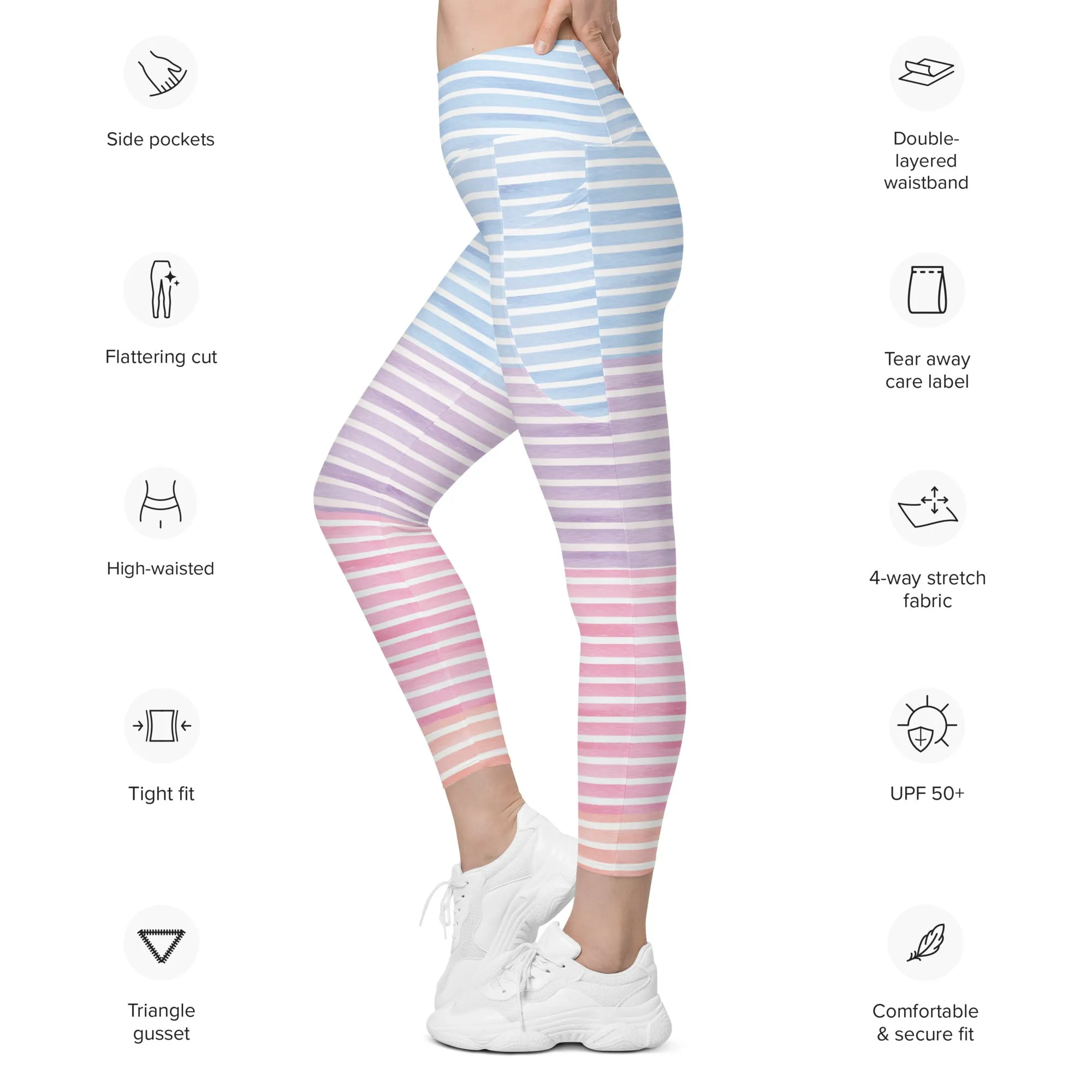 FYD High Waisted Recycled Leggings with pockets in pastel stripes