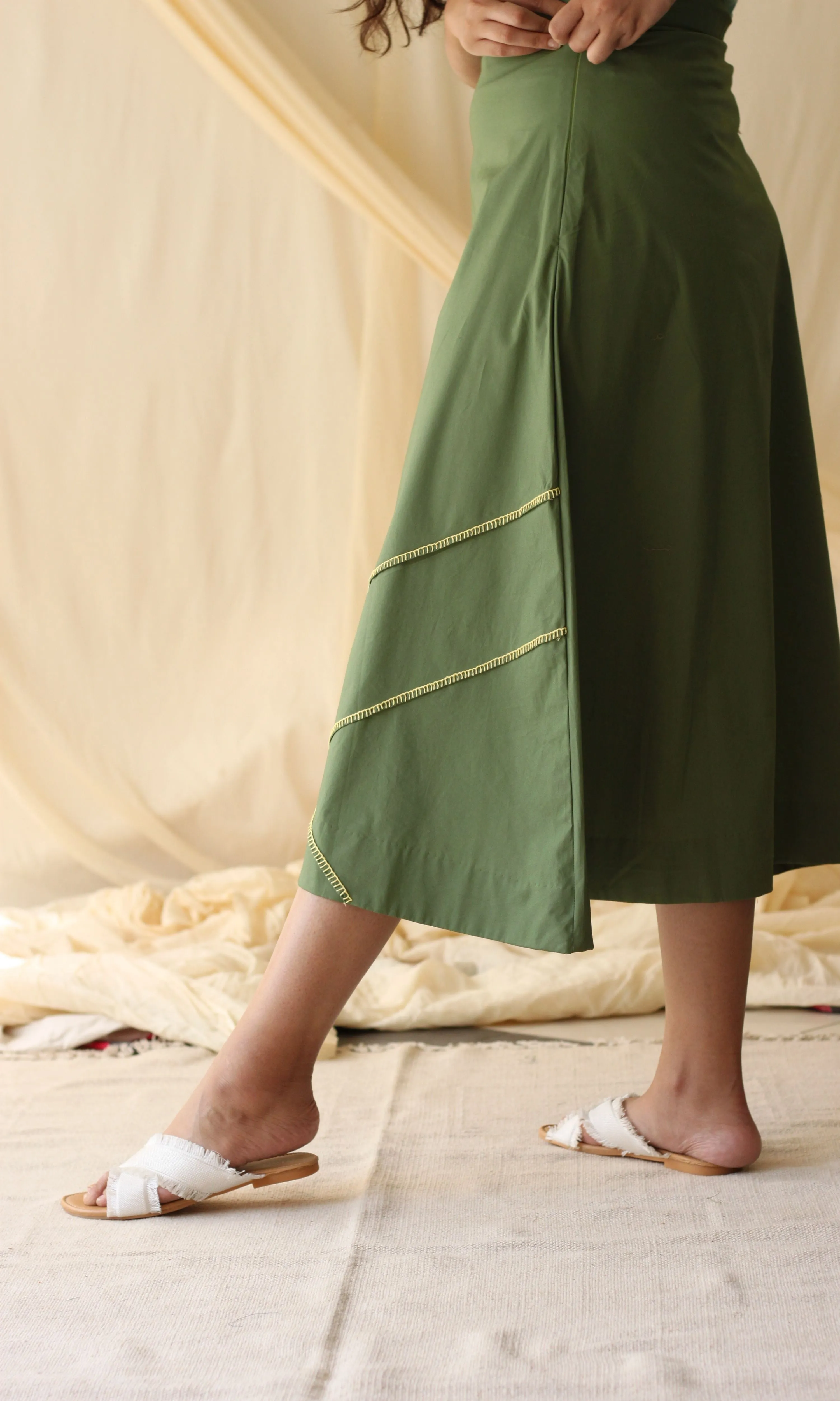 Green Embroidered Cotton Skirt