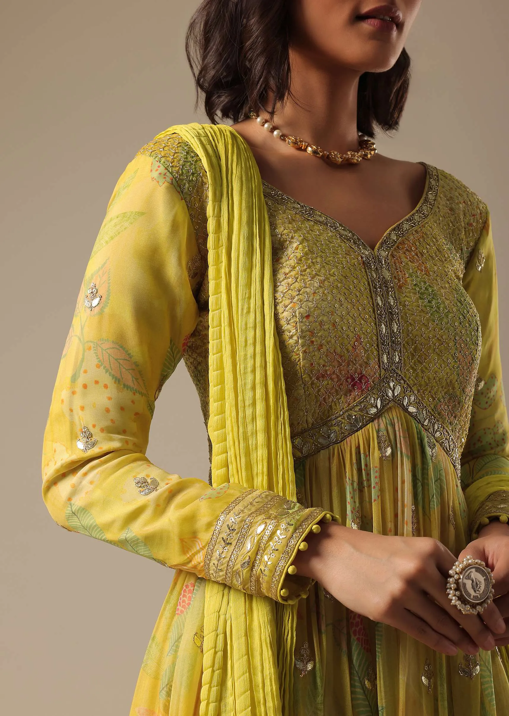 Green Printed Anarkali Set With Sequin Work