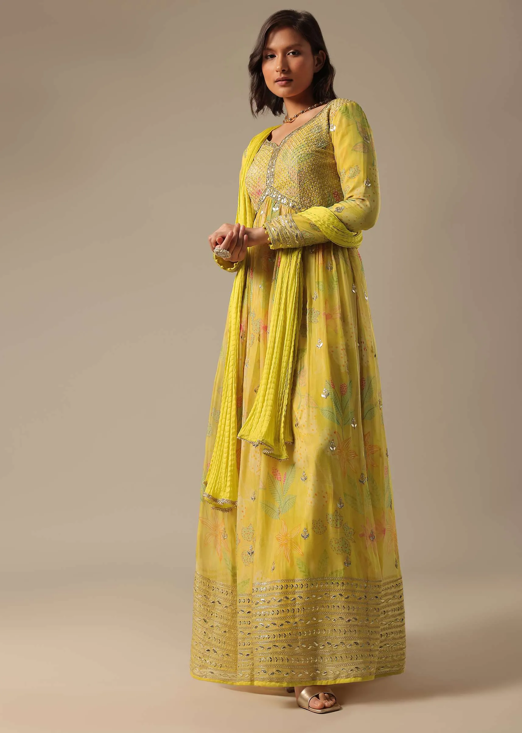 Green Printed Anarkali Set With Sequin Work