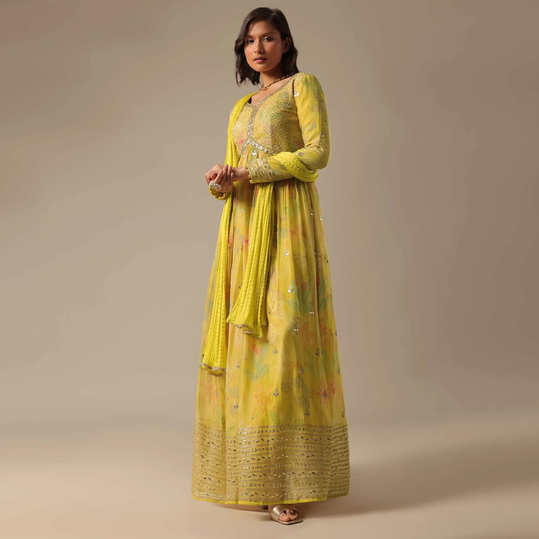 Green Printed Anarkali Set With Sequin Work