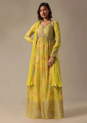 Green Printed Anarkali Set With Sequin Work