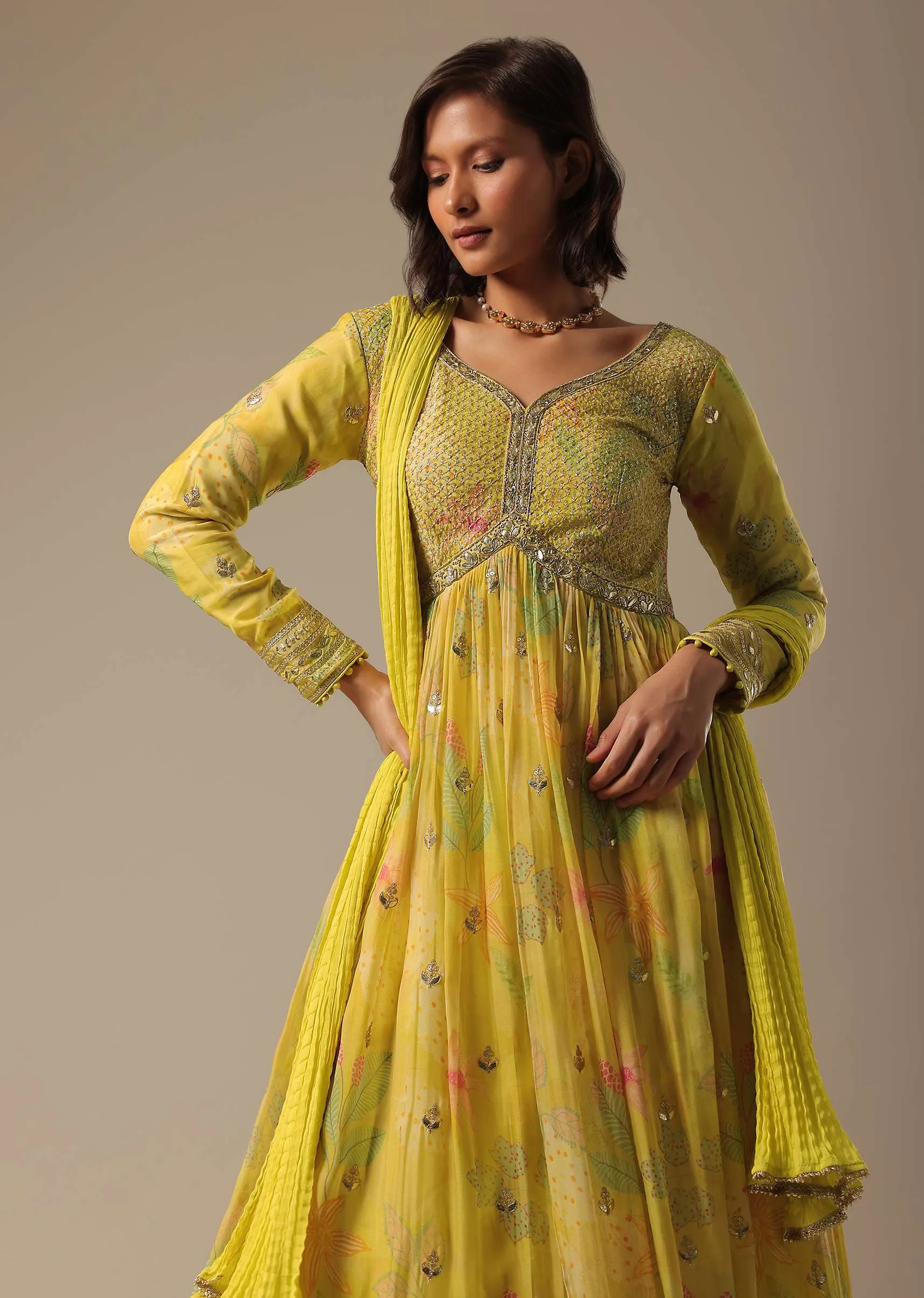 Green Printed Anarkali Set With Sequin Work