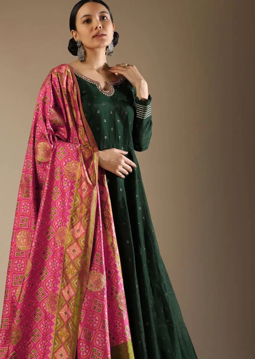 Hunter Green Anarkali Suit In Silk With Badla Buttis And Patola Printed Silk Dupatta