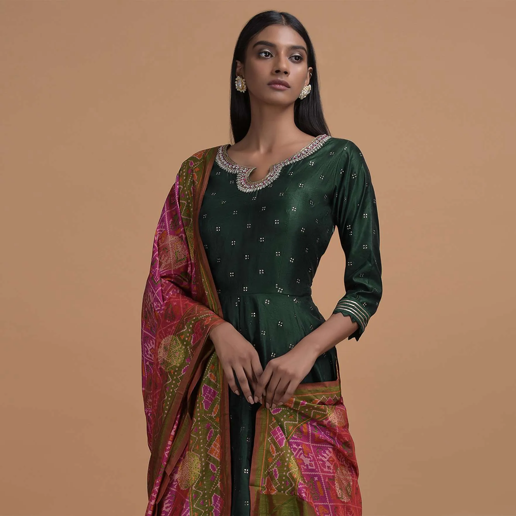 Hunter Green Anarkali Suit In Silk With Badla Buttis And Patola Printed Silk Dupatta