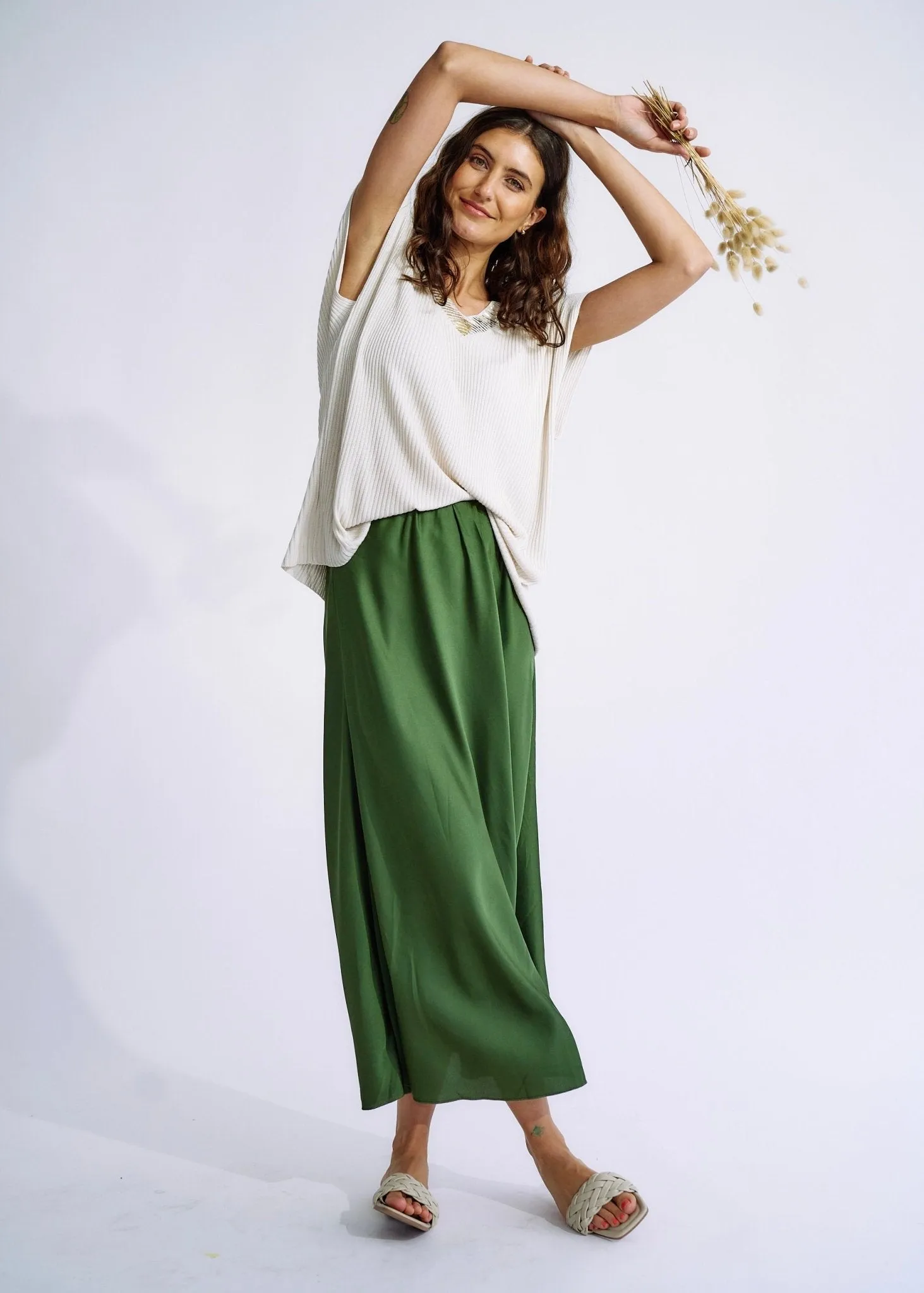 Italian Satin Skirt in Khaki