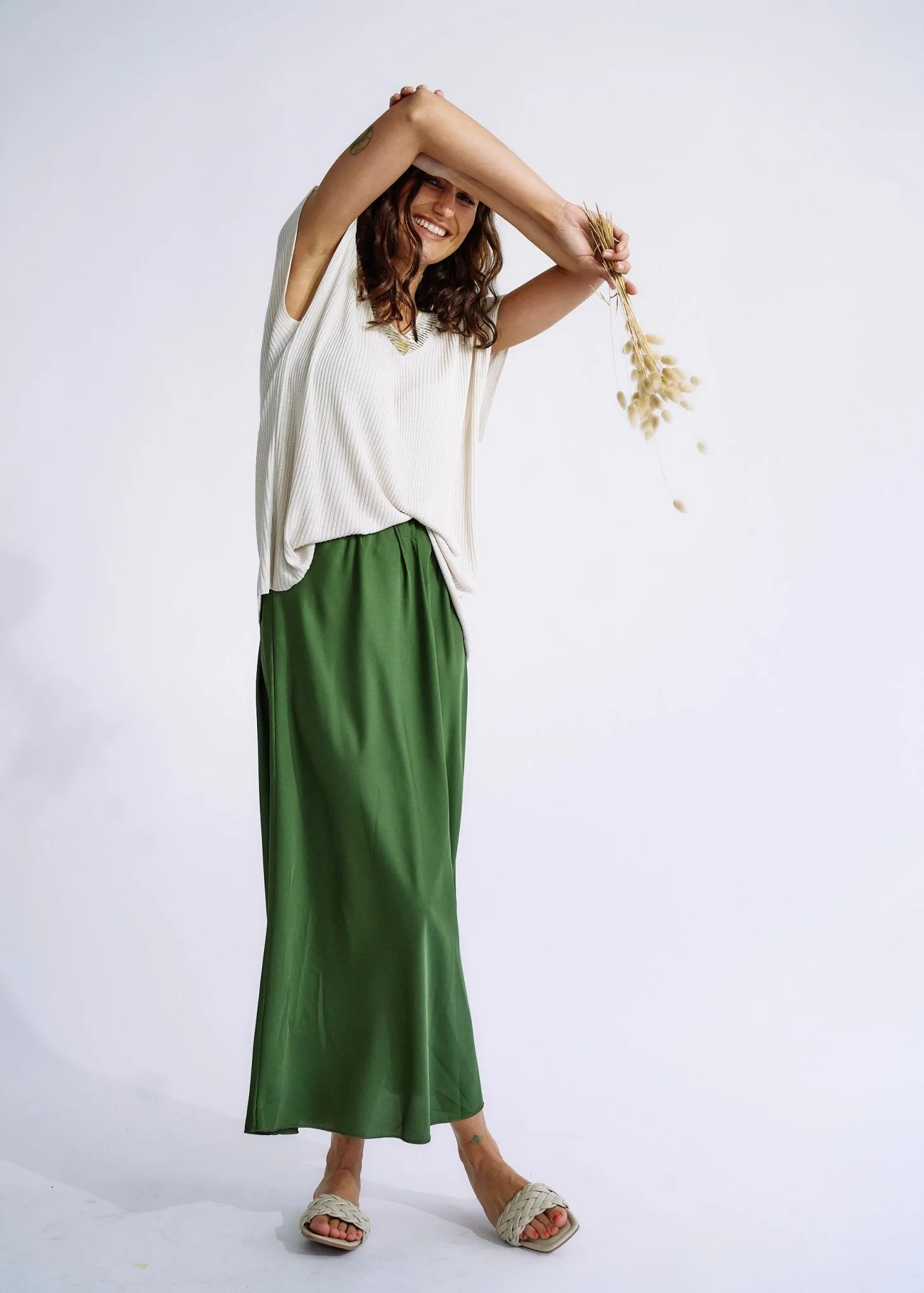 Italian Satin Skirt in Khaki