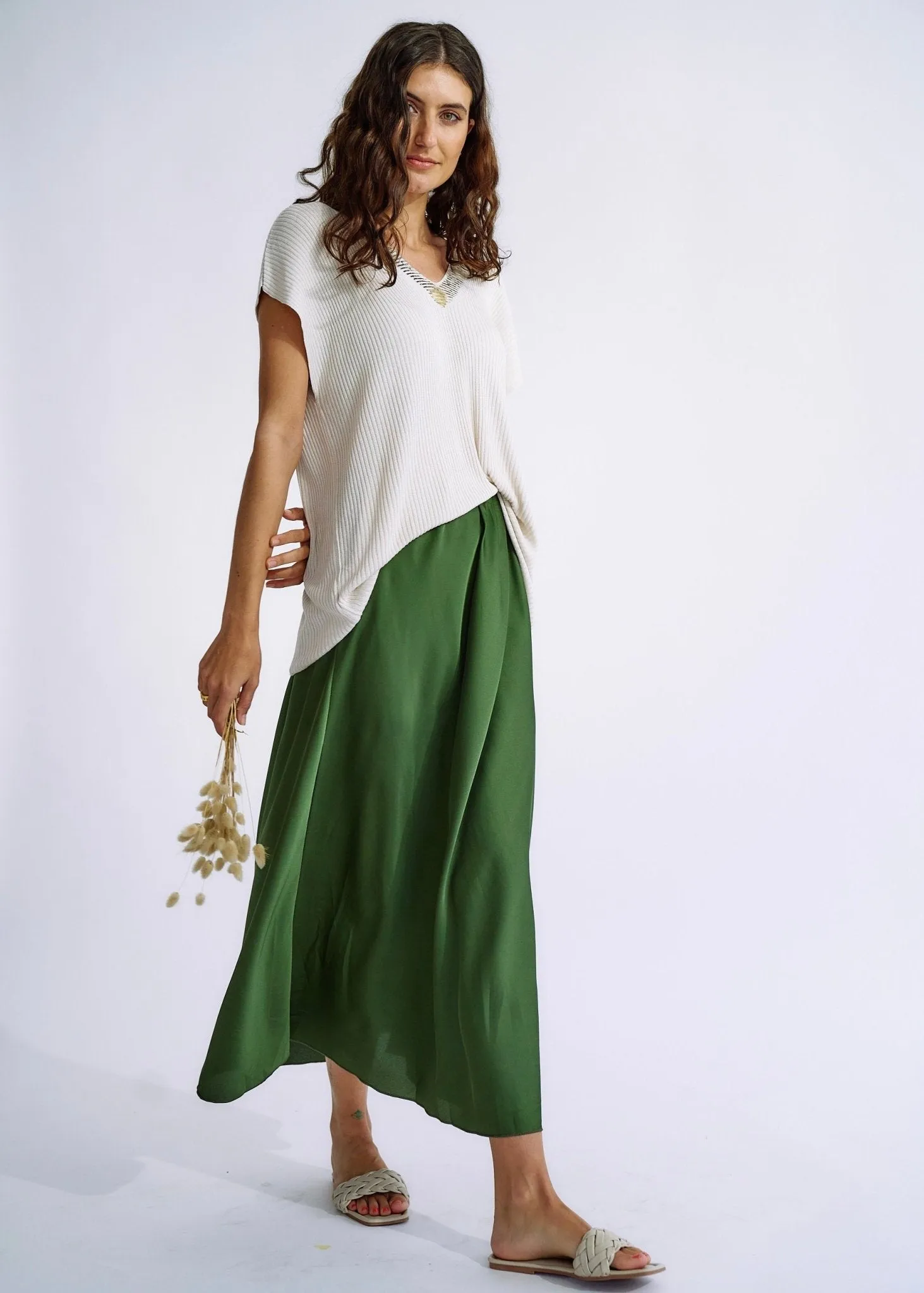Italian Satin Skirt in Khaki