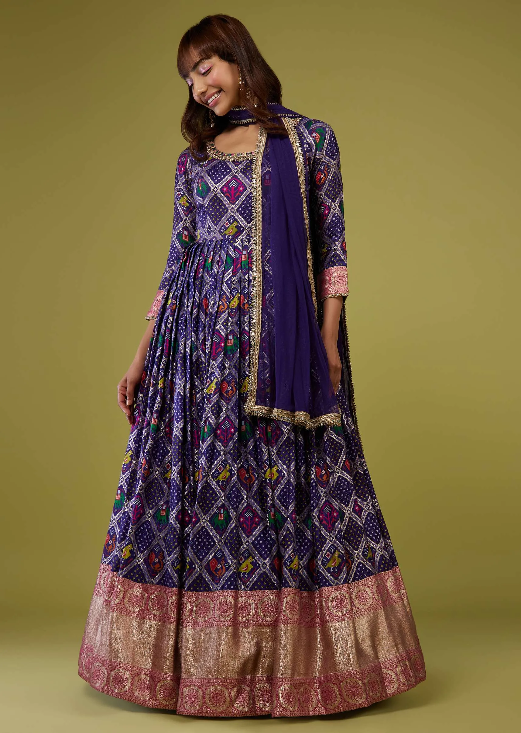 Midnight Blue Patola Printed Silk Anarkali Suit With Banarasi Zari