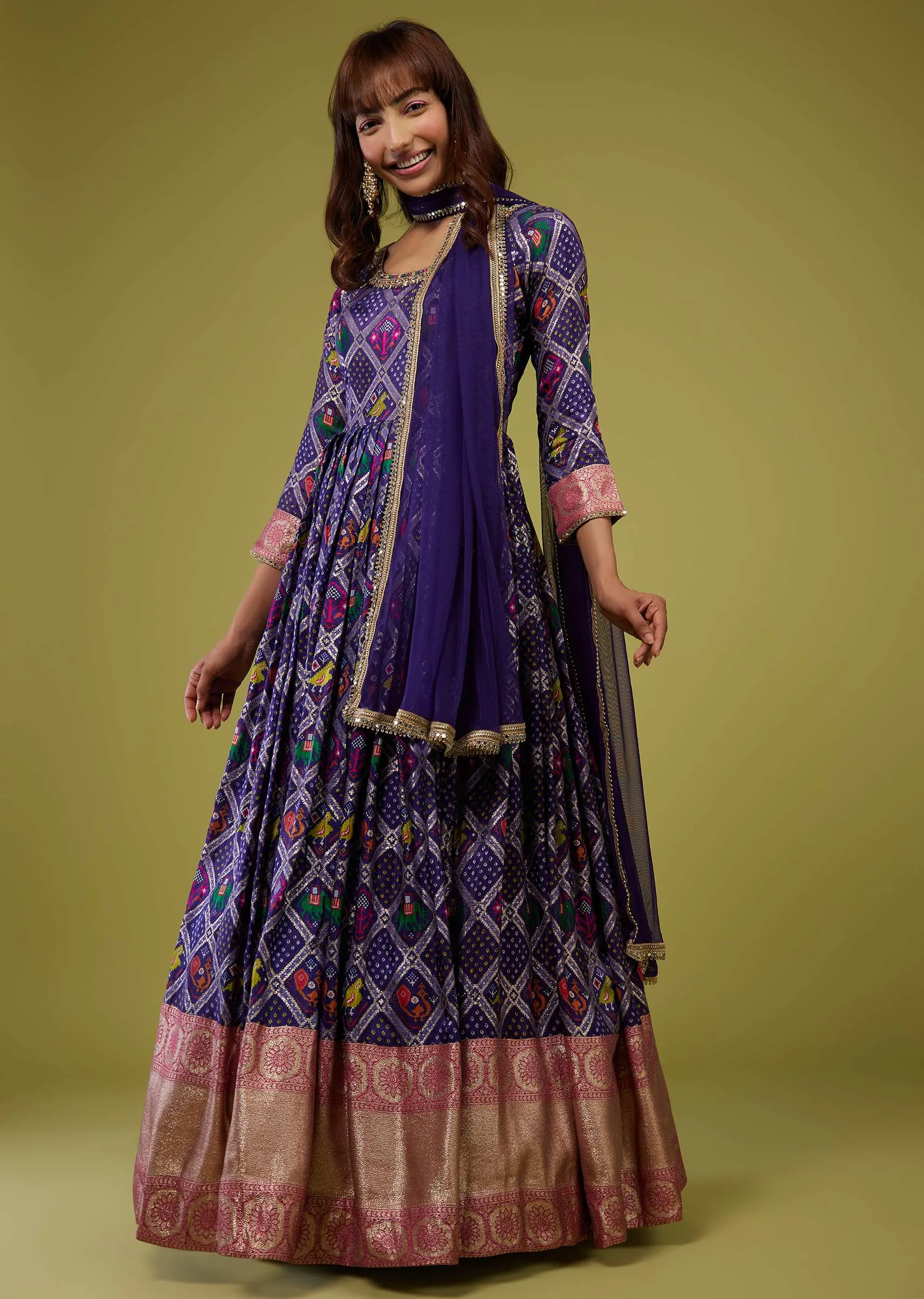 Midnight Blue Patola Printed Silk Anarkali Suit With Banarasi Zari