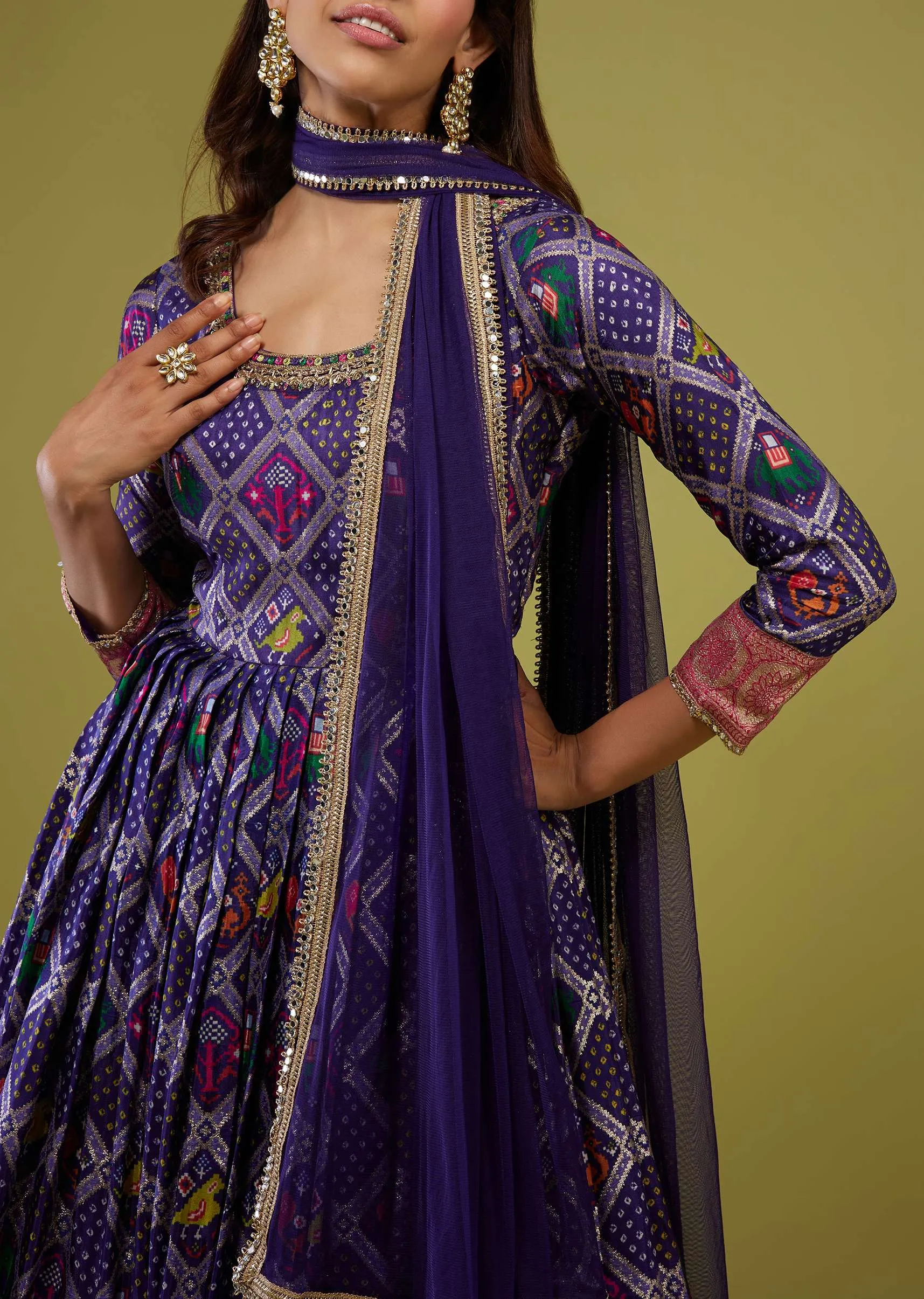 Midnight Blue Patola Printed Silk Anarkali Suit With Banarasi Zari