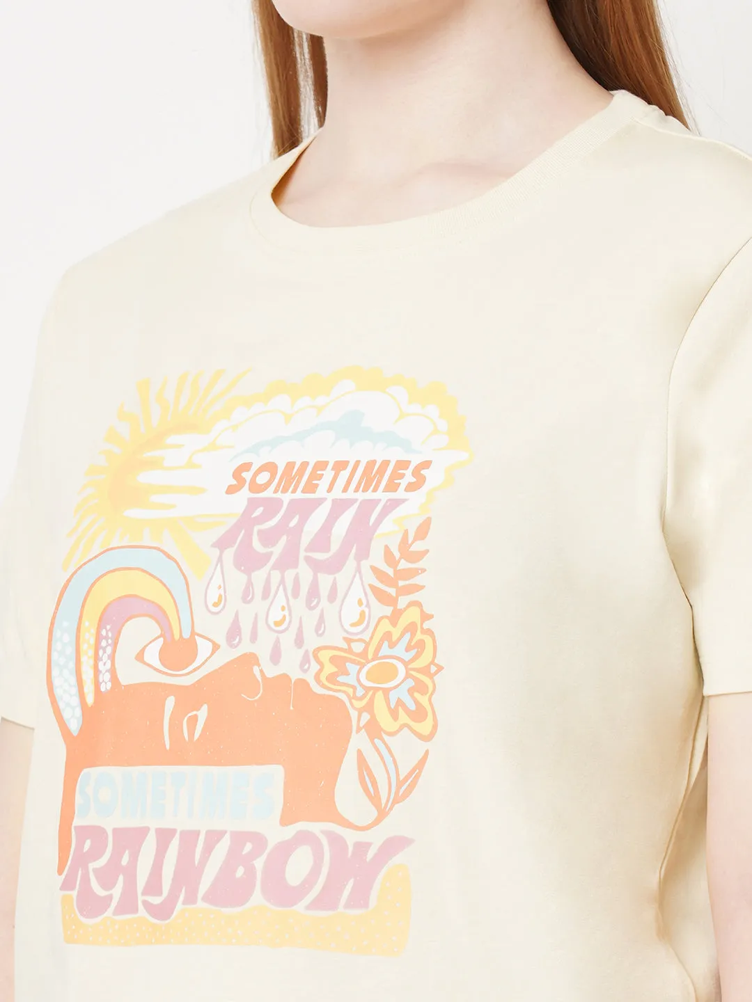 Women Slim Fit Cloud Cream Boxy Chest Print T-Shirt