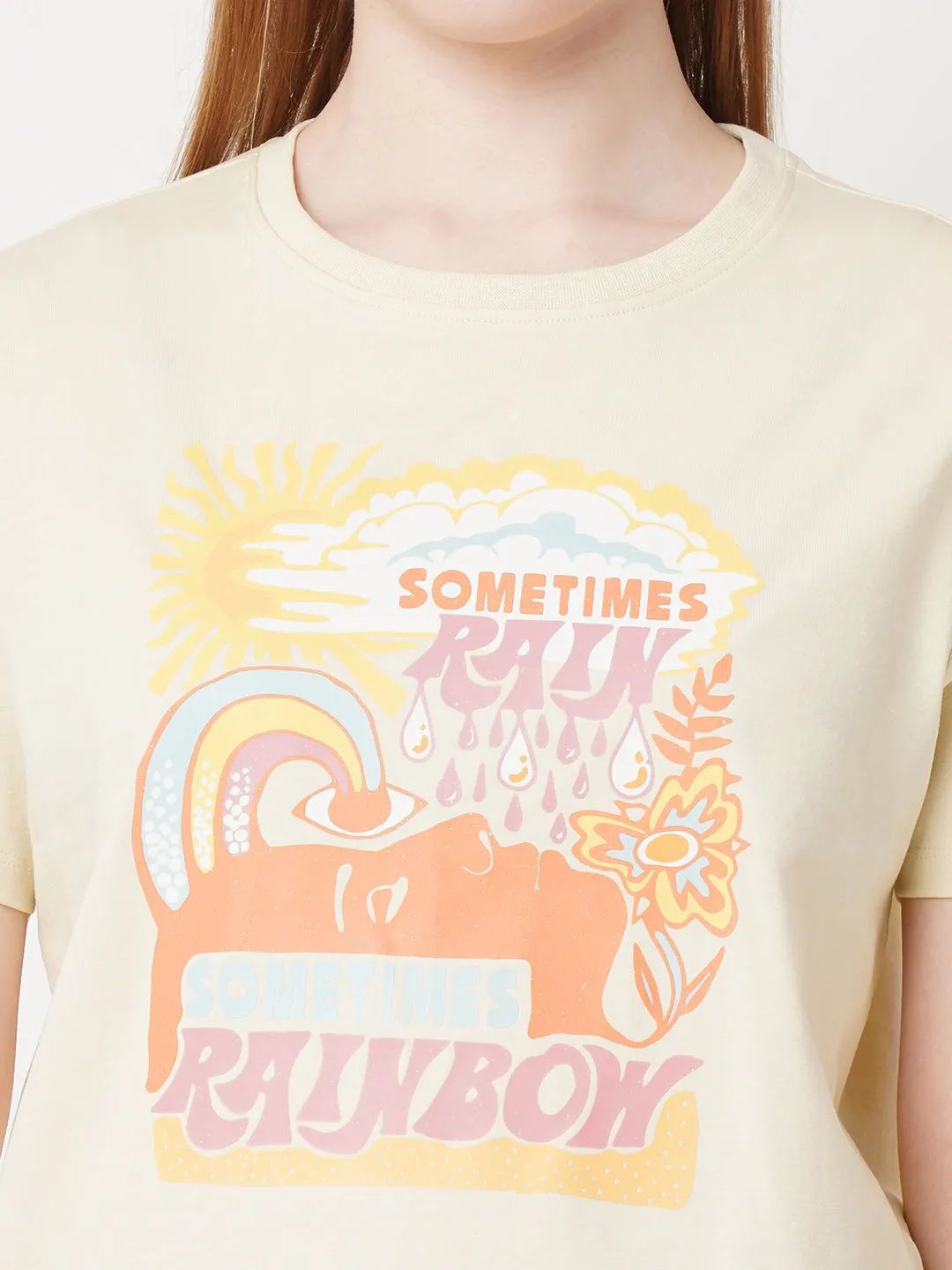 Women Slim Fit Cloud Cream Boxy Chest Print T-Shirt