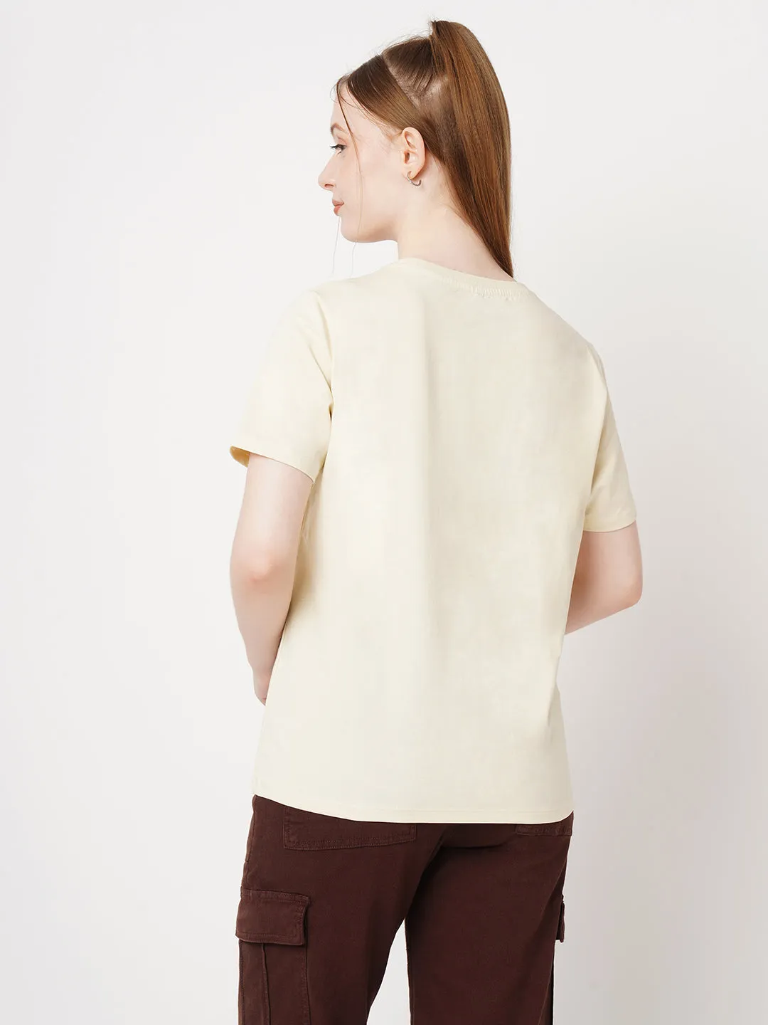 Women Slim Fit Cloud Cream Boxy Chest Print T-Shirt