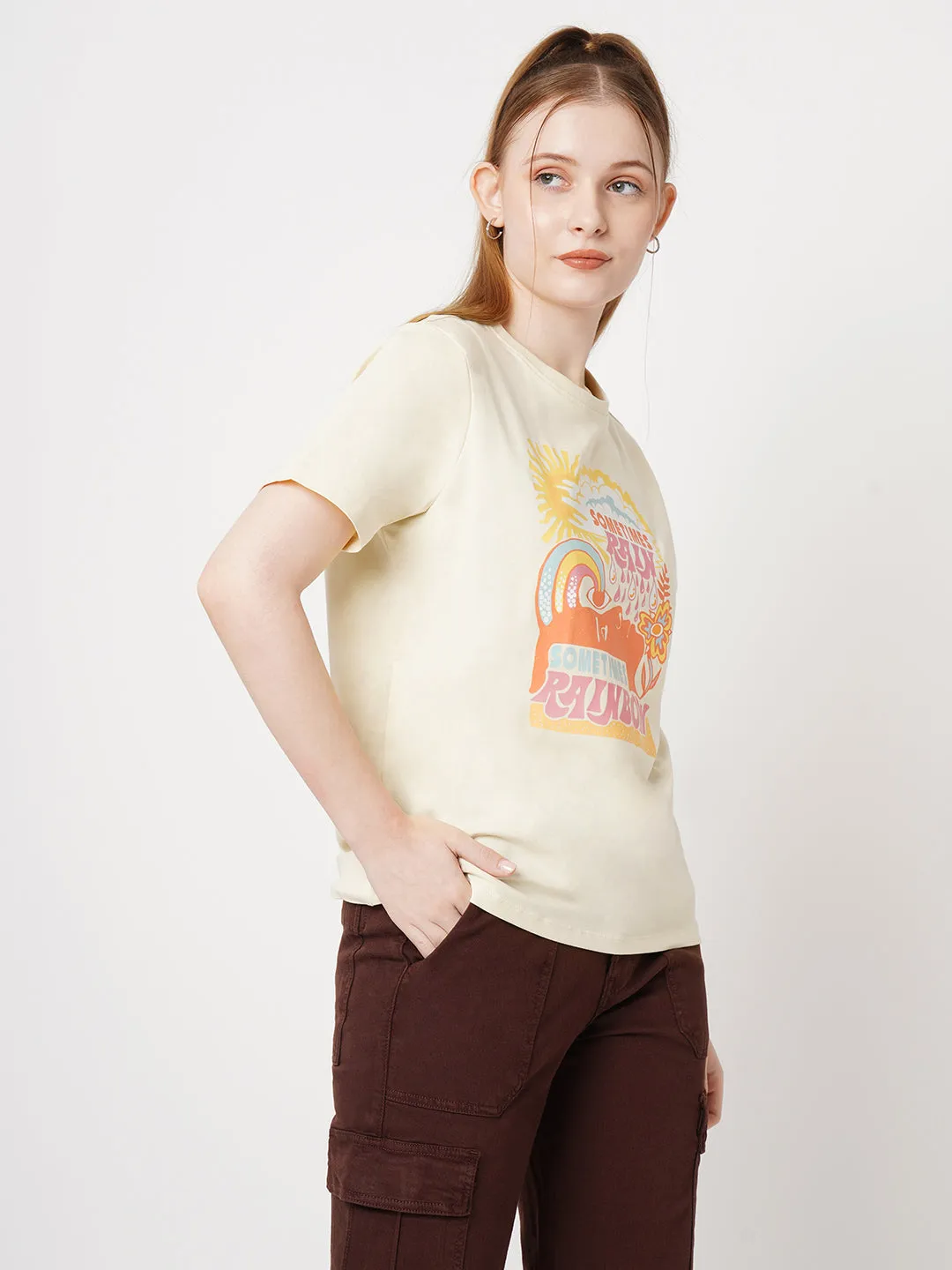 Women Slim Fit Cloud Cream Boxy Chest Print T-Shirt