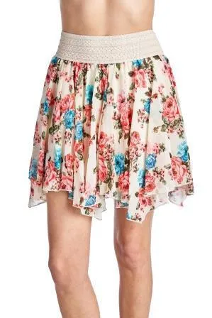 Women's Printed Floral Skirt with Elastic Lace Waistband