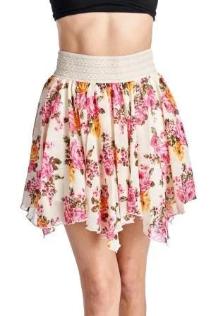 Women's Printed Floral Skirt with Elastic Lace Waistband