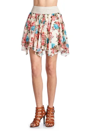 Women's Printed Floral Skirt with Elastic Lace Waistband
